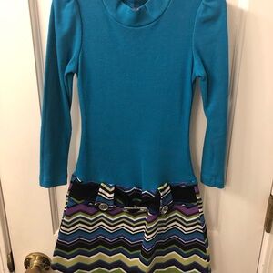Teal Long Sleeve Dress with Chevron Skirt